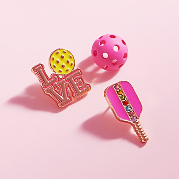 3Pairs - Enamel Pickleball LOVE Stud Earrings Set - BRAND NEW - Hypoallergenic - Picture 4 of 4